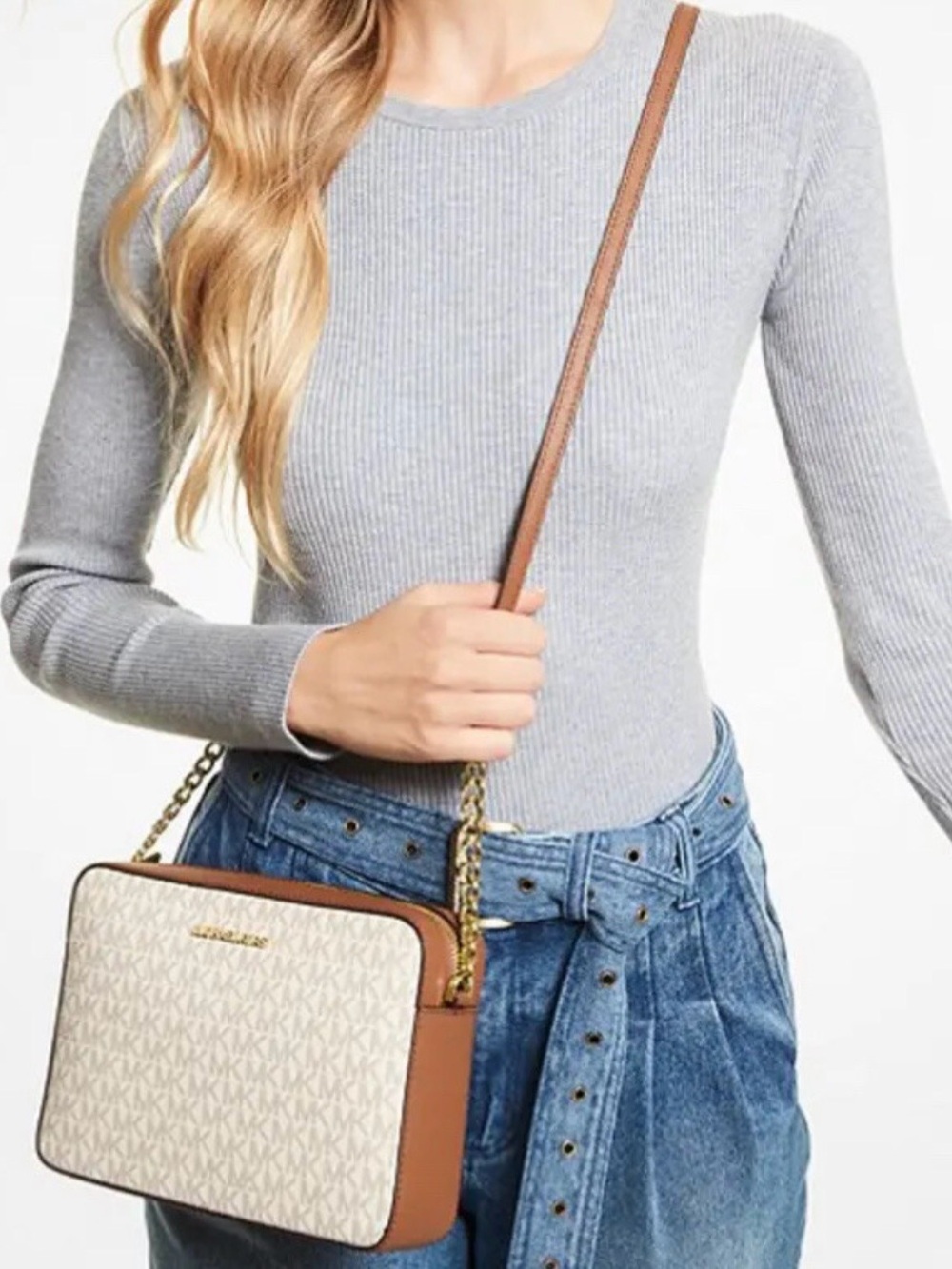 Michael Kors Jet Set Large Printed Logo Crossbody Bag in Vanilla Signature NWT